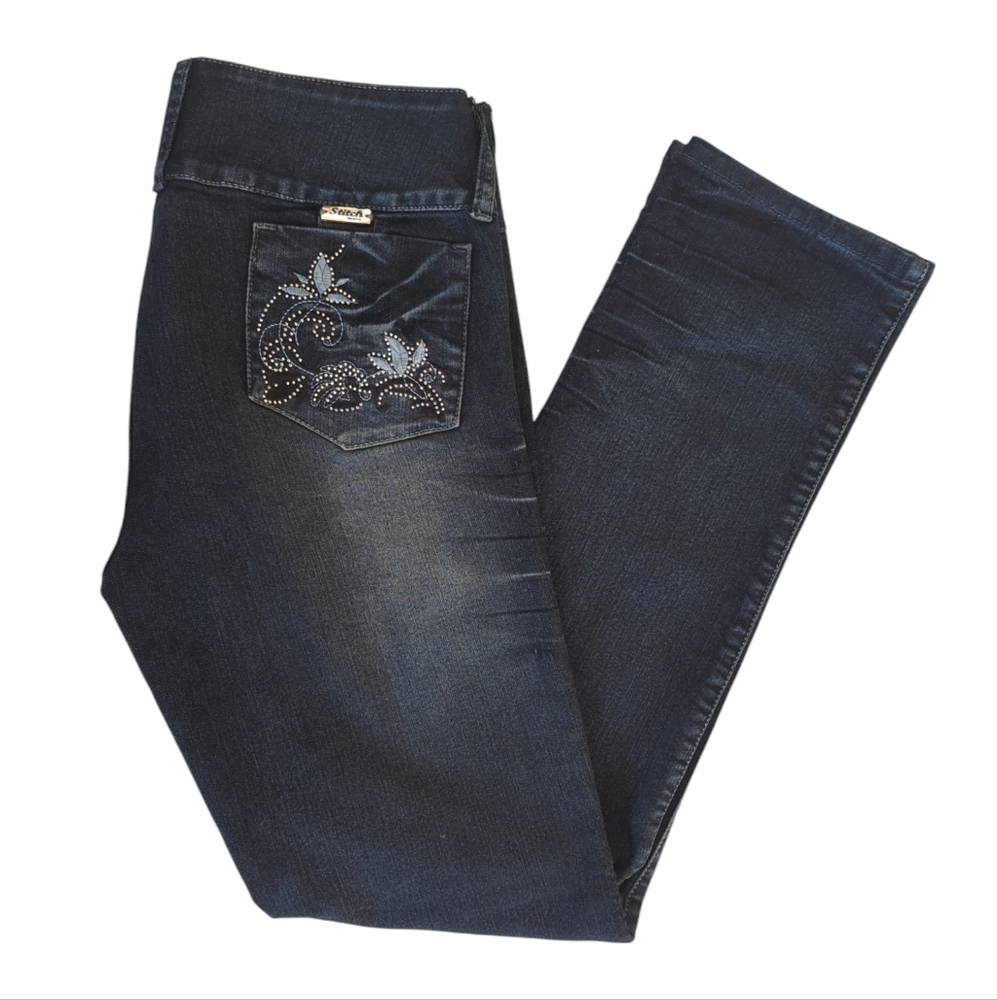 Stitch Embellished Distressed Embroidered Floral Boho Jeans 12 Blue